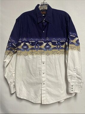 Plains Men’s Navajo-Pattern Button-Down Shirt - Navy & White VTG